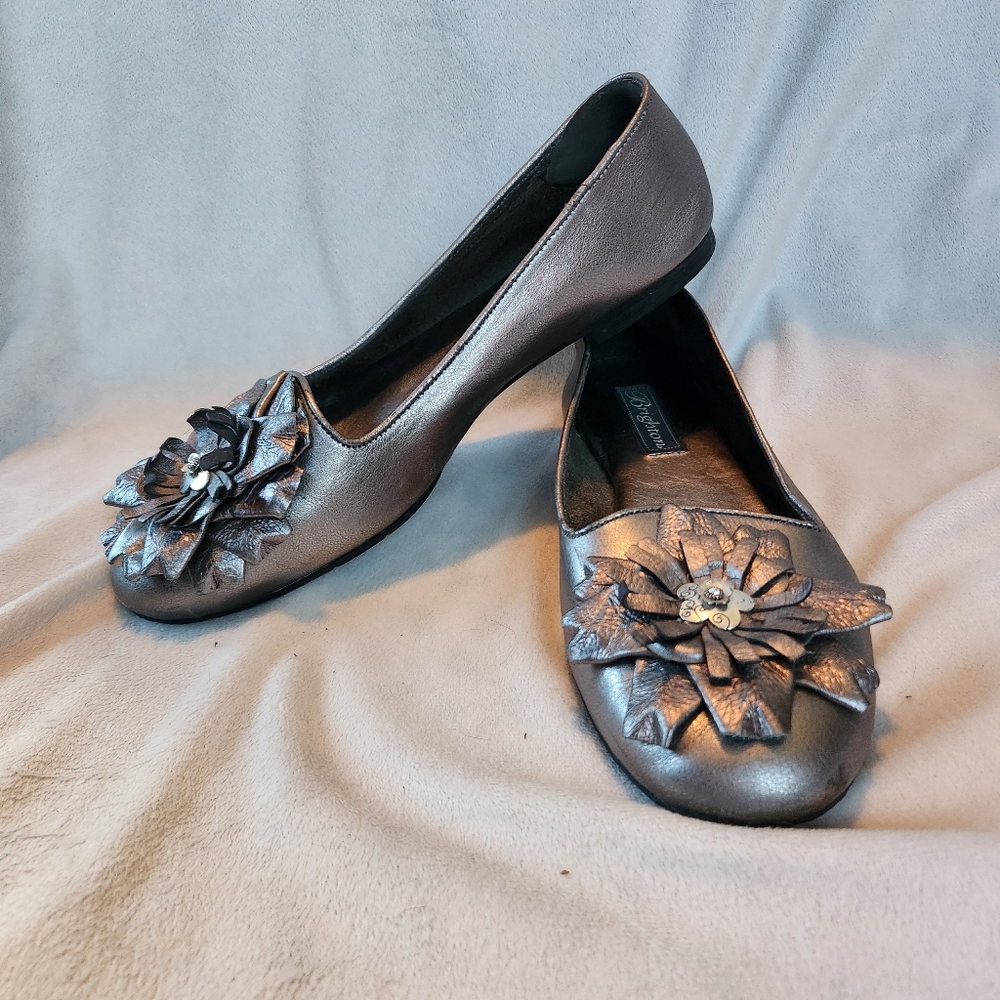 Brighton Carly Silver Leather Ballet Flats with Metal Flower Medallion